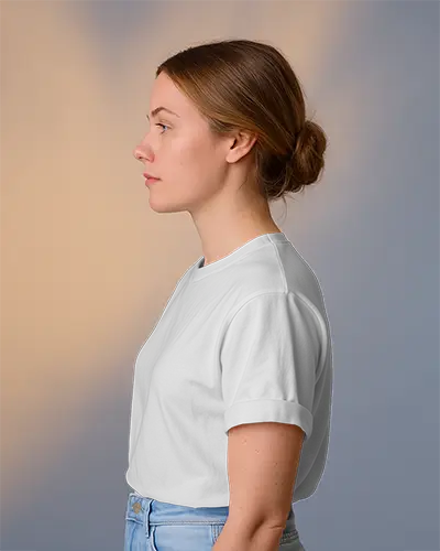 Natural Light Tshirt Mockup Woman With Tied Hair Wearing Folded Sleeve White Tshirt