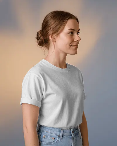 Rolled Sleeve Tshirt Mockup Woman With Bun Hairstyle Light Blue Jeans Modern Lighting