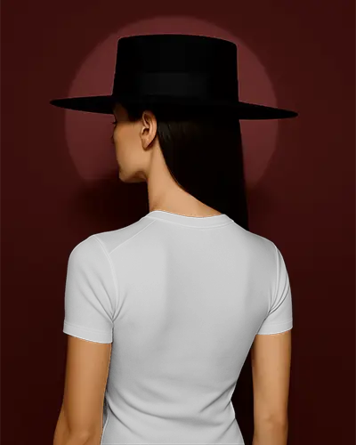 Fitted White Crew Neck Short Sleeve T Shirt Mockup Back View On Female Model With Wide Brim Hat Deep Red Background Stylish And Sophisticated Aesthetic