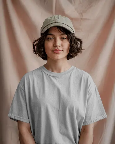 Fashionable Female Model Tshirt Mockup Minimal Neutral Curtain Background