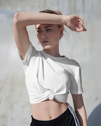 Sunlit Outdoor Tshirt Mockup Cropped Tee Female Model With Arm Raised Over Head