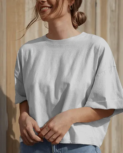 Natural Light T Shirt Mockup Female Model Smiling With Sunlight On Face In Wooden Background