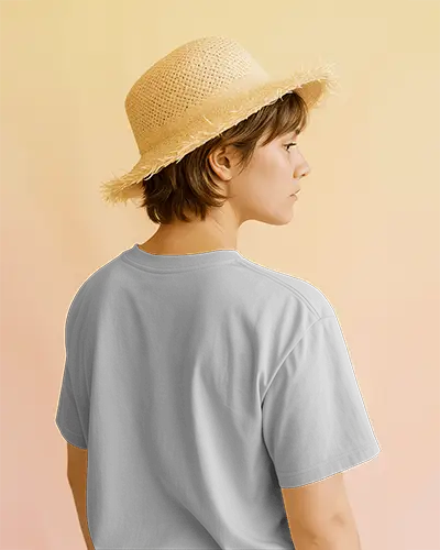 Pastel Background Back Facing Mockup White Tee With Stylish Straw Hat Clean And Modern Aesthetic