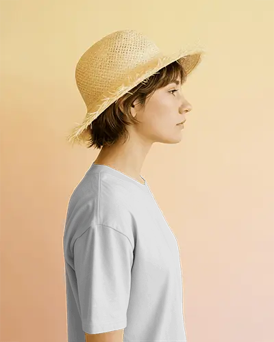 Arm Focus Tee Mockup Shirt Side Facing Model Straw Hat Soft Gradient Studio Light