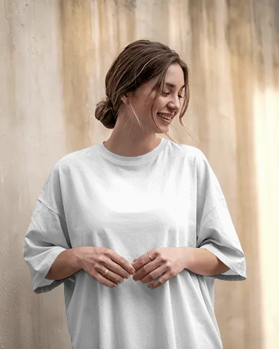 Candid Outdoor Tshirt Mockup Relaxed Female Model In Loose Tshirt With Soft Smile
