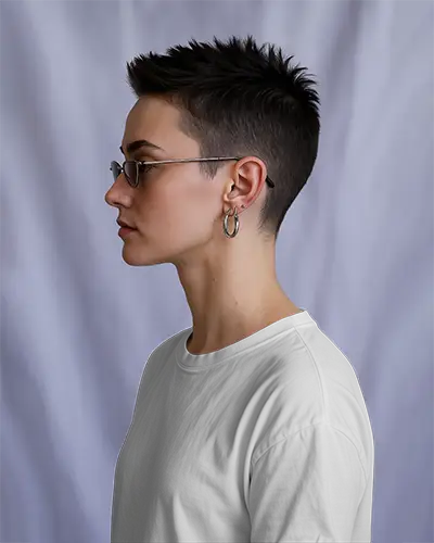 White Crew Neck T Shirt Mockup Side View Of Person With Edgy Pixie Cut Silver Hoop Earrings And Slim Glasses Against Soft Purple Backdrop Clean Modern Fashion Look