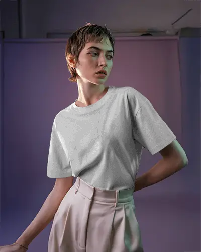 Modern Studio T Shirt Mockup Female Model In Soft Gradient Lighting Minimalist Fashion Scene