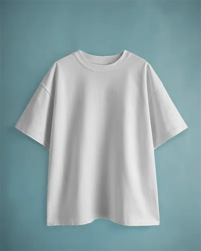 Boxy Tshirt Mockup Hanging White Tee On Muted Blue Background Clean Flat Lay With Soft Lighting And Relaxed Fit Style