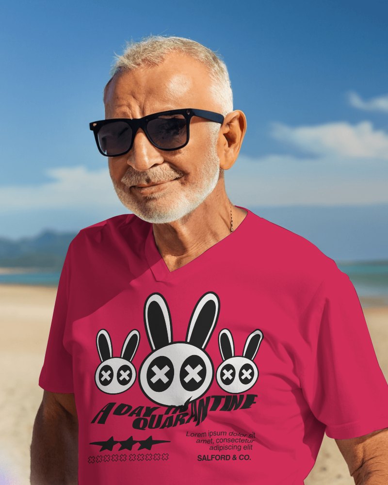Old Man In Vneck Tshirt Mockup On Beach