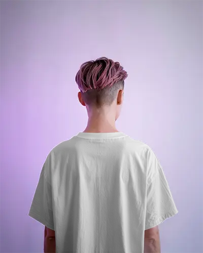 Back View Tshirt Mockup Model With Pink Undercut Hair In White Shirt On Lavender Backdrop