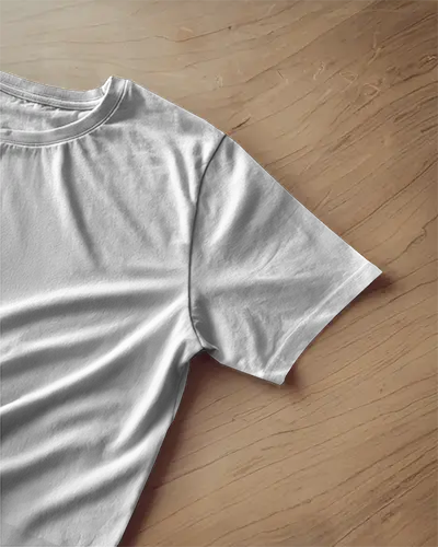 Sleeve Print Tshirt Mockup Folded White Shirt On Wooden Surface Top Down View