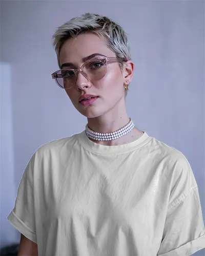 Front Facing Tshirt Mockup Blonde Model In White Shirt With Glasses And Pearls