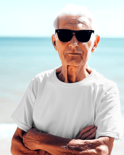 Old Man In Tshirt Mockup On A Beach