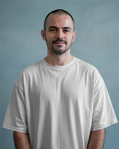 Clean Studio Tshirt Mockup Smiling Bald Man In White Tee Minimalist Background Simple Modern Look For Branding Fashion Catalogs And Ecommerce