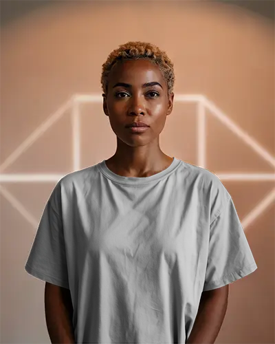 Confident Black Woman White Tshirt Mockup Front View Straight Pose Under Soft Geometric Lighting Minimal Modern Studio For Brand Showcase
