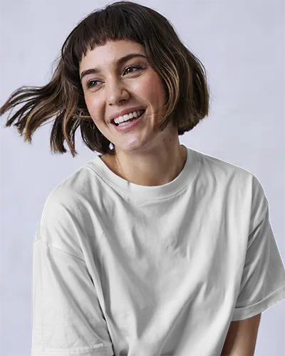 Happy Female Model White Tshirt Mockup Smiling Away Light Purple Backdrop Casual Style Front View High Quality Blank Apparel Template