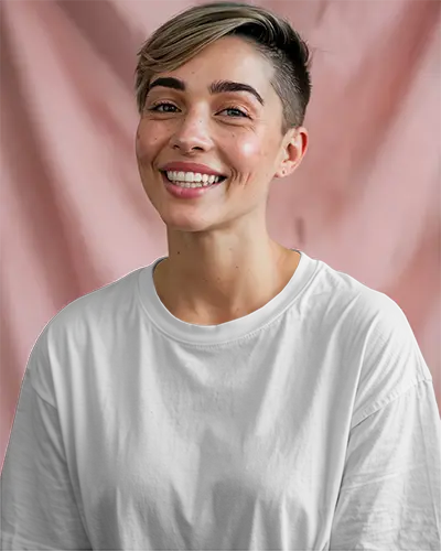 Smiling Female Model White Tshirt Mockup Front View Pink Drape Background Clean Design Template Perfect For Fashion Brand Promotion