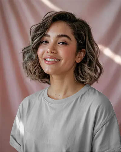 Pastel Curtain Backdrop Tshirt Mockup Smiling Female Model In Soft Lighting Wearing White Shirt Great For Calm And Feminine Branding