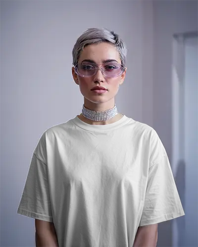 Moody White Tshirt Mockup Male Model Looking Down In Soft Purple Lighting Modern Streetwear Design Showcase Urban Menswear Focus