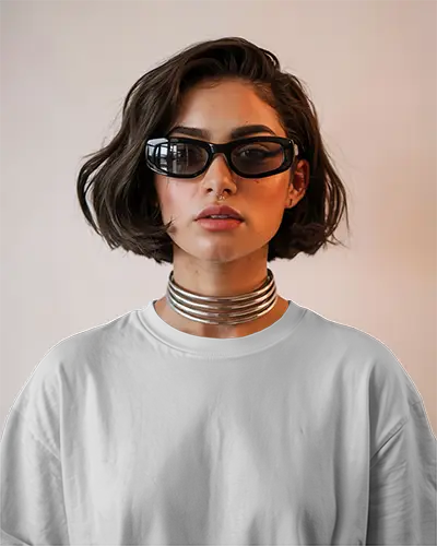 Bold Editorial Tshirt Mockup Woman In White Tee Wearing Dark Sunglasses Metal Choker High Fashion Vibe Neutral Background Styled Look