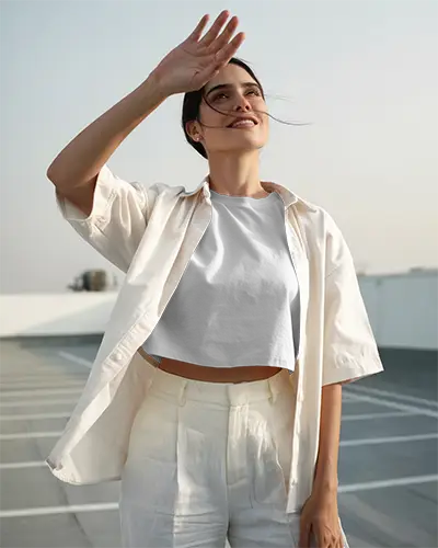 Rooftop Tee Mockup Woman In White Shirt Smiling Under Sunlight Modern Style Summer Fashion Scene With Natural Daylight