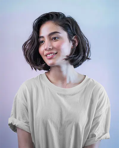 Soft Lighting Tshirt Mockup Woman In White Tee On Gradient Background Casual Smile Clean Folded Sleeves Modern Branding