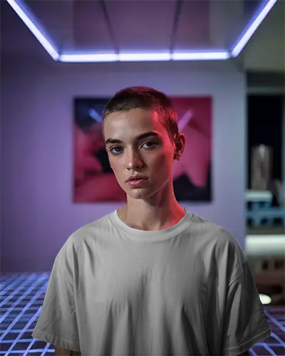 Neon Lit Tshirt Mockup Short Hair Model In White Tee Inside Modern Sci Fi Styled Room Moody Vibes And Bold Design Presentation