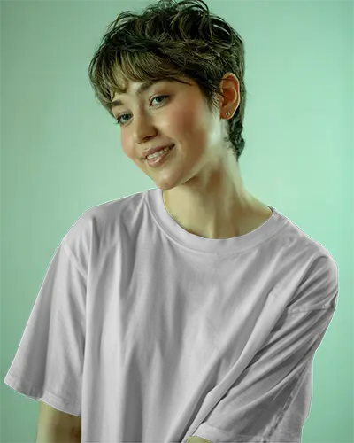 Soft Green Studio Tshirt Mockup Smiling Model In White Tee Minimal Aesthetic Clean Lighting Casual Vibe