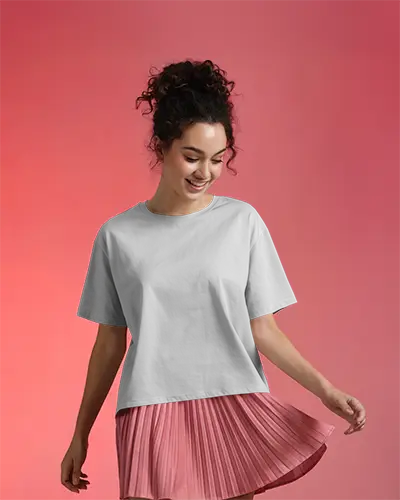 White Tshirt Mockup Female Model Dancing In Pink Skirt On Rosy Gradient Background