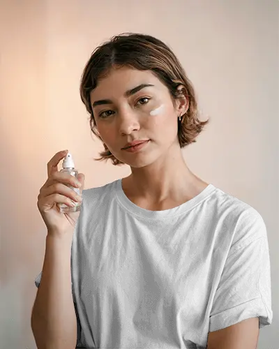 Soft Lit Beauty Tshirt Mockup Female Model Holding Face Mist Minimal Skincare Aesthetic