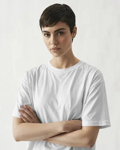 Empowered Expression Tshirt Mockup Female Model Standing With Arms Crossed