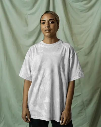 Studio Portrait Tshirt Mockup Young Woman In Tee On Flowing Curtain Background