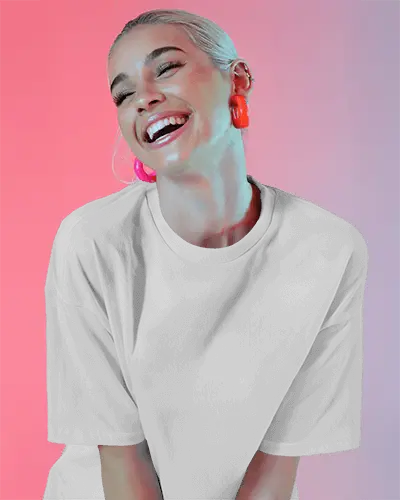 Bright Studio Tshirt Mockup Happy Girl In White Shirt On Pink Purple Gradient