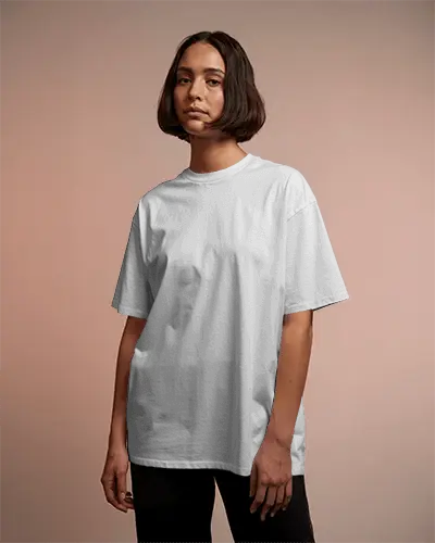 Fashion Editorial T Shirt Mockup Modern Short Hair Model Against Faded Backdrop