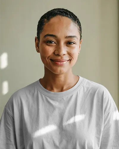 Modern T Shirt On Female Model Smiling With Space For Personalized Graphic Placement