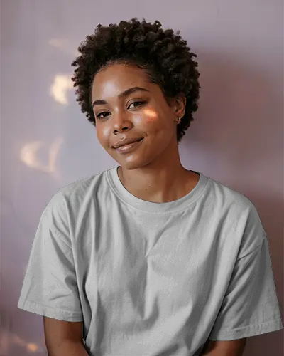 Casual T Shirt Mockup Female Model With Smile In Soft Light Ready For Graphic Customization