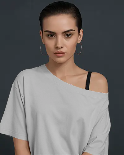 Dark Background Female Tshirt Mockup Off Shoulder Look Front View Studio Lighting