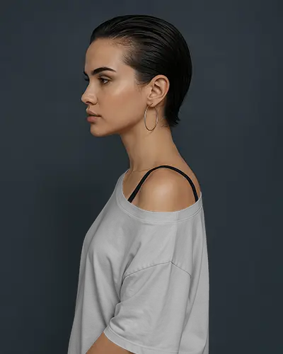 Side Profile Woman Tshirt Mockup Sleek Hairstyle Dark Elegant Setting