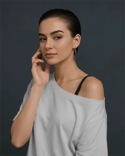 Off Shoulder Tshirt Mockup Female Front And Side Views Clean Dark Backdrop