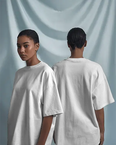 Dual View T Shirt Mockup Female Model Front And Back Against Soft Draped Fabric Background