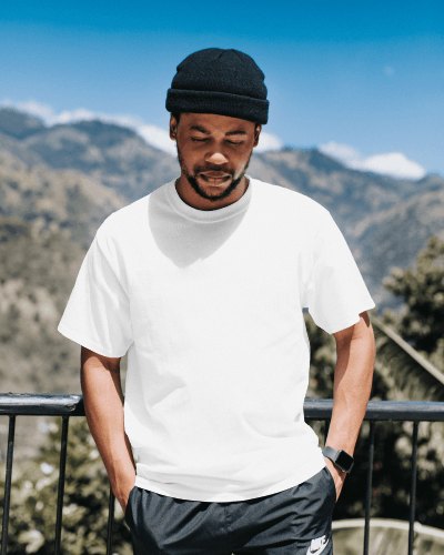 Black Male In Balcony Of Mountains Tshirt Mockup