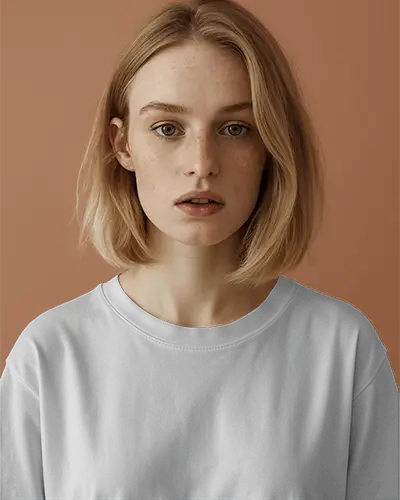 Soft Lighting Tshirt Mockup Front View Female Model Expressionless In Studio Setting