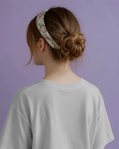 Soft Purple Backdrop Tshirt Mockup Female Model Wearing Headband Facing Away Casual Comfortable Fit