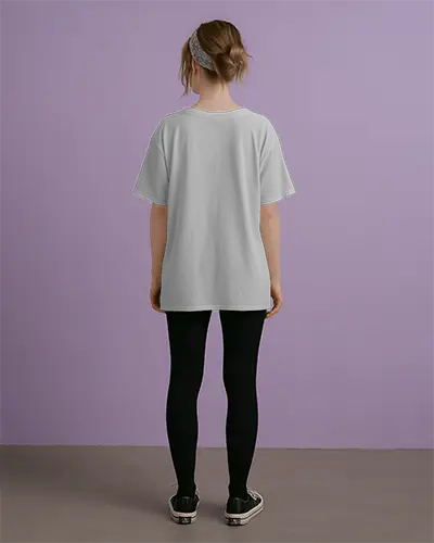 Tshirt Mockup Female Model Standing Upright Against Purple Wall Minimalistic Studio Shot