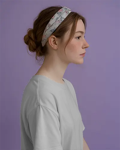 Soft Focus Profile Shot Tshirt Mockup Model In Floral Headband Looking Right With Natural Light