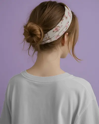 Close Up Backview Tshirt Mockup On Female Model Wearing Printed Headband Over Soft Purple Background