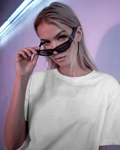 Modern Casual T Shirt Mockup On A Female Model With Sunglasses And Earrings Under Soft Shadows