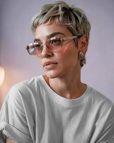 Fashionable T Shirt Mockup Featuring A Female Model With A Chic Hairdo And Elegant Eyewear Under Pastel Hues