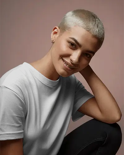 Short Silvery Hair Female Model Posing With A Smile Against Pastel Pink Background T Shirt Mockup