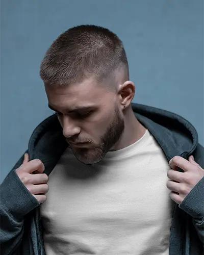 Streetwear Tshirt Mockup Male Model Unzipping Hoodie To Reveal Custom Design In Studio Setting